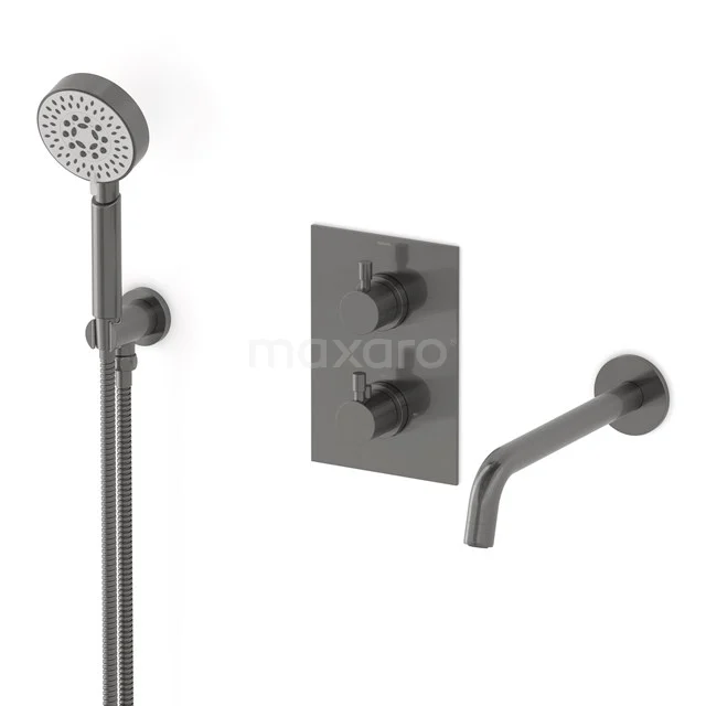 Radius Wanneneinbau-Mischbatterie-Set | Schwarzes Metall Thermostatarmatur mit Handbrause 5 Positionen CIM55-00017