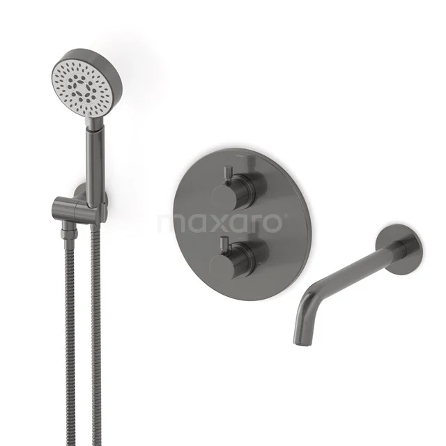 Radius Wanneneinbau-Mischbatterie-Set | Schwarzes Metall Thermostatarmatur mit Handbrause 5 Positionen CIM55-00019