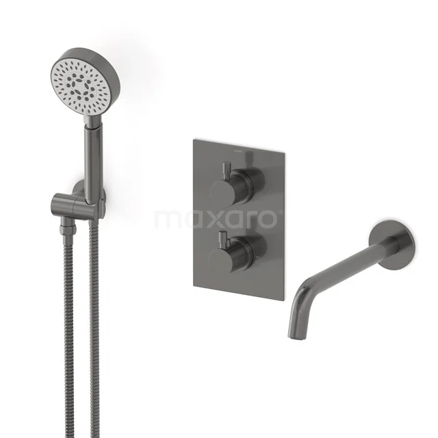 Radius Wanneneinbau-Mischbatterie-Set | Schwarzes Metall Thermostatarmatur mit Handbrause 5 Positionen CIM55-00020