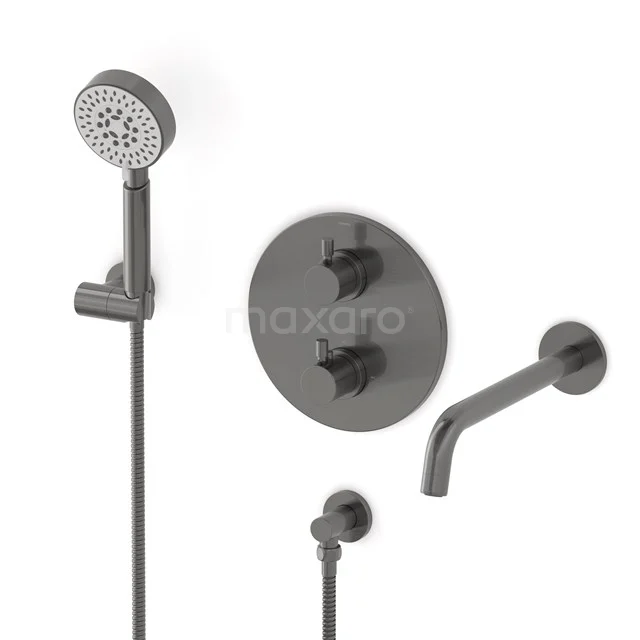 Radius Wanneneinbau-Mischbatterie-Set | Schwarzes Metall Thermostatarmatur mit Handbrause 5 Positionen CIM55-00025