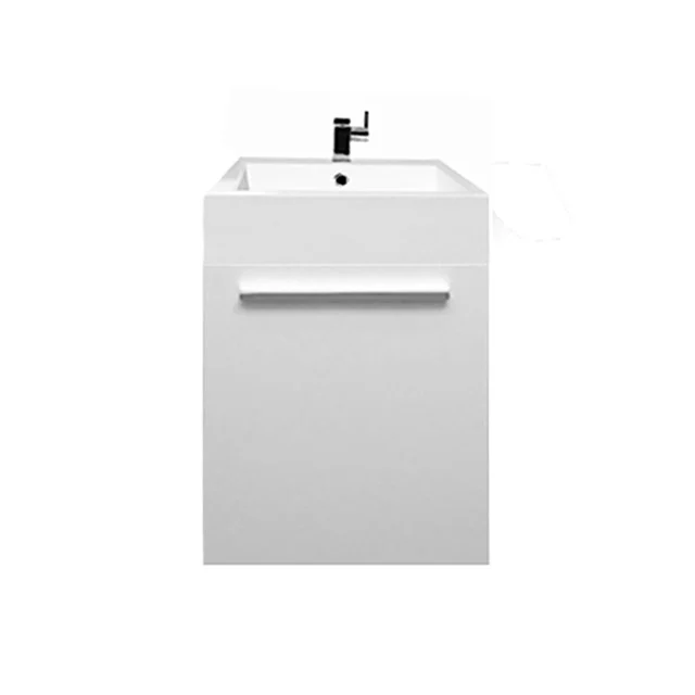 White Bathroom unit with square basin, soft-close drawer and black basin tap, compact design for modern bathrooms.