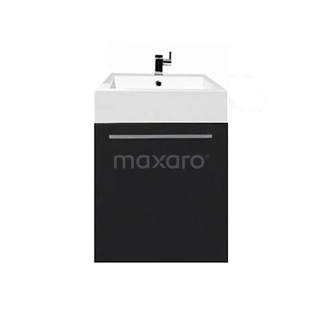 Canto Vanity units with basin | 45 cm Matte black front Mineral marble 1 door F02-045012101A Black and white hanging vanity unit with ceramic sink and metal Handle, perfect for modern bathrooms.