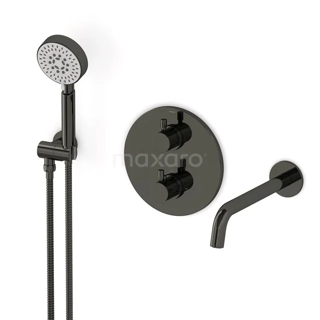 Radius Wanneneinbau-Mischbatterie-Set | Schwarzchrom Thermostatarmatur mit Handbrause 5 Positionen CIB55-00019