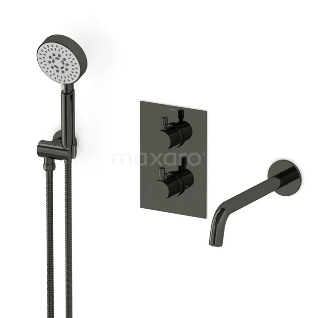 Radius Wanneneinbau-Mischbatterie-Set | Schwarzchrom Thermostatarmatur mit Handbrause 5 Positionen CIB55-00020