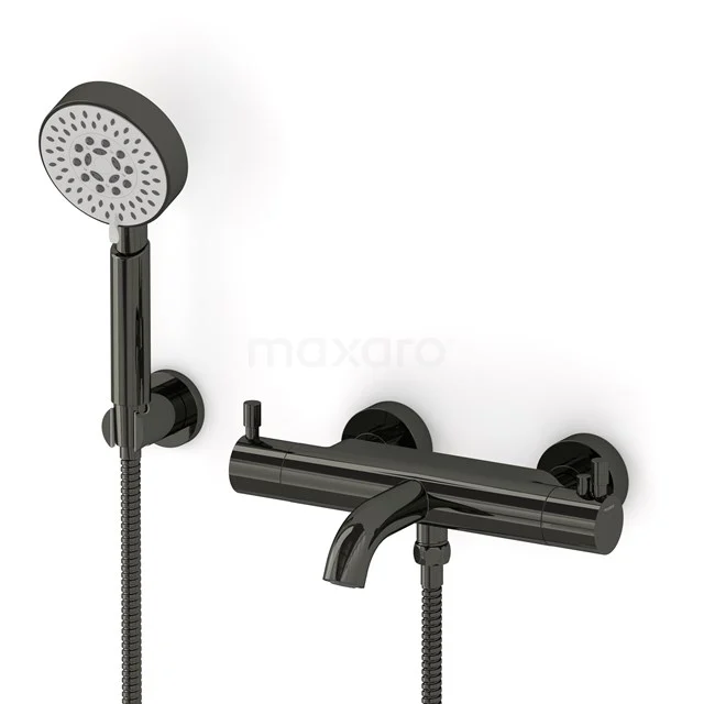 Wannenbatterie-Set Radius | Schwarz Chrom Thermostatarmatur mit Handbrause 5 Positionen COB55-00004