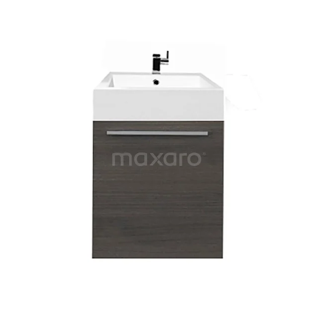 Dunkelholz Waschtisch mit weißem Keramik Waschbecken, Chrom Haltegriff und Matt Schwarz Armatur, perfekt für ein modernes Badezimmer.