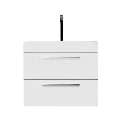 White bathroom unit with two drawers, sleek metal handles and integrated vanity units with basin made of ceramic, modern design.