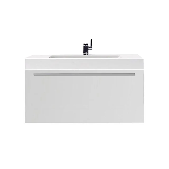 Weiße Badmöbelset mit schickem Waschbecken, Einhebelmischer und integriertem Schubfach, modernes Design für praktische Badezimmerlagerung.