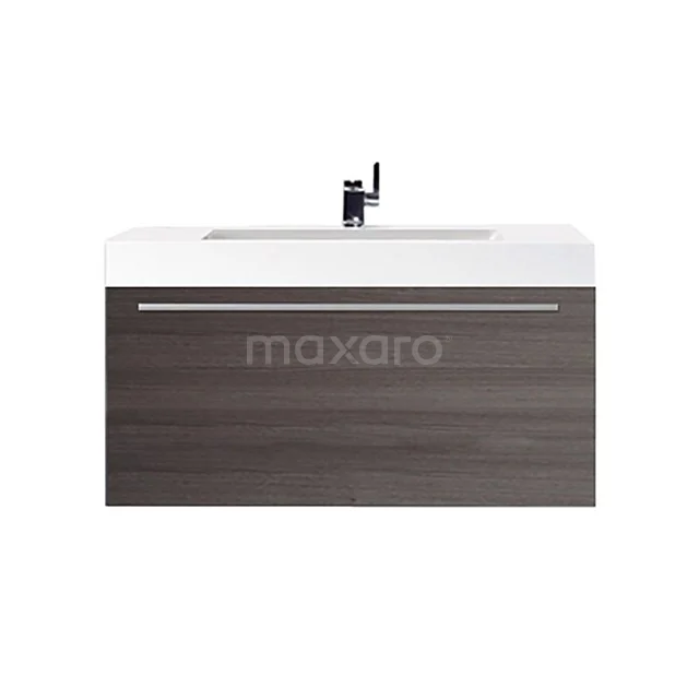 Canto Waschtische | 90 cm Dunkelbraune Esche front Mineralguss 1 Schublade F02-090012803 Dunkles Badezimmermöbel mit eingebautem Waschbecken und einem chromfarbenen Haltegriff, ideal für einen modernen Stil.