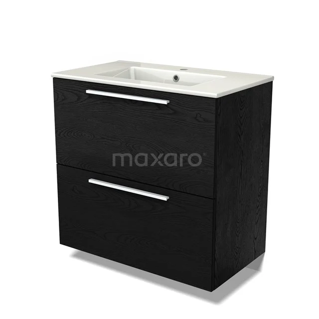 Modulo Vanity units with basin | 80 cm Black oak Flat front Ceramic 2 stacked drawers under each other BMW13-01433