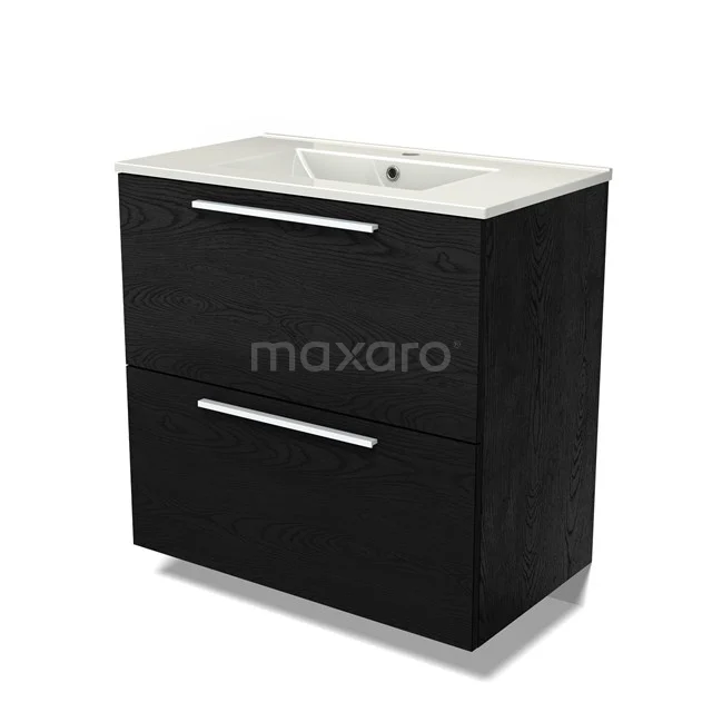 Modulo Vanity units with basin | 80 cm Black oak Flat front Ceramic 2 stacked drawers under each other BMW13-01446