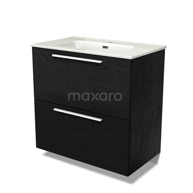 Modulo Vanity units with basin | 80 cm Black oak Flat front Ceramic 2 stacked drawers under each other BMW13-01448