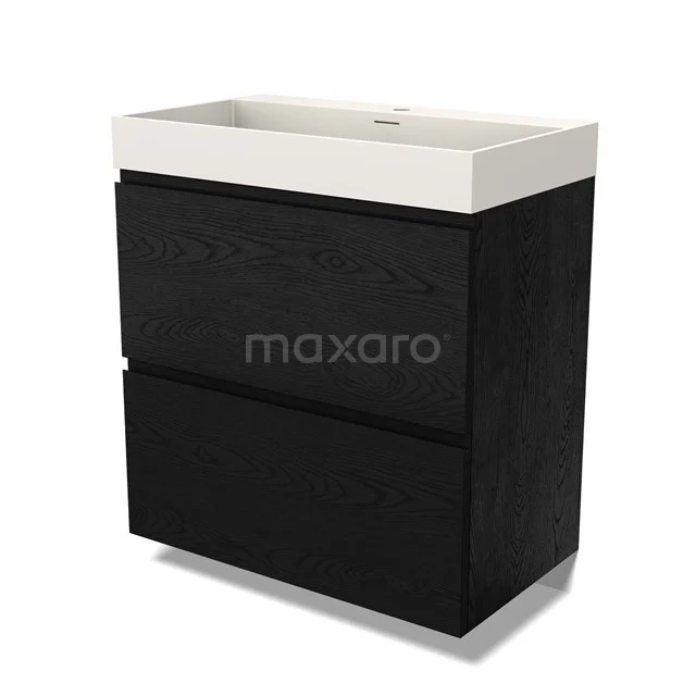 Modulo Waschtische | 80 cm Schwarze Eiche Grifflos front Solid Surface 2 hohe Schubladen übereinanderliegend BMW13-01456