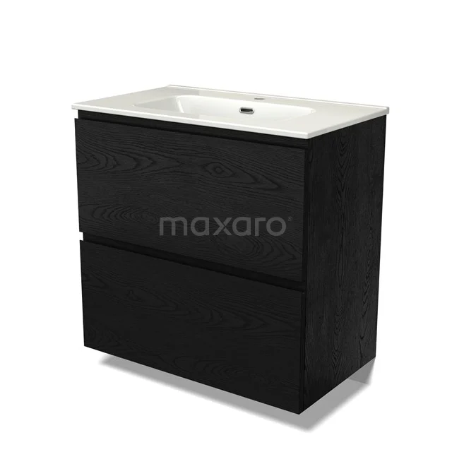 Modulo Vanity units with basin | 80 cm Black oak Handle-less front Ceramic 2 stacked drawers under each other BMW13-01464