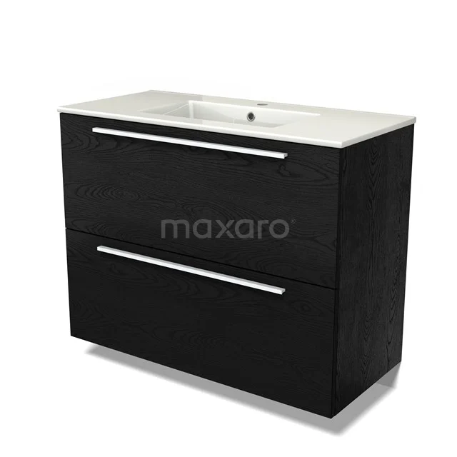 Modulo Vanity units with basin | 100 cm Black oak Flat front Ceramic 2 stacked drawers under each other BMW13-01465