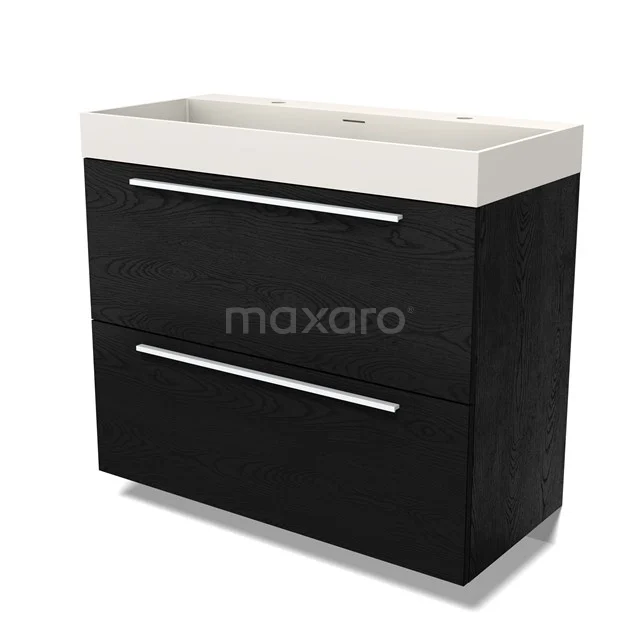Modulo Vanity units with basin | 100 cm Black oak Flat front Solid surface 2 stacked drawers under each other BMW13-01476