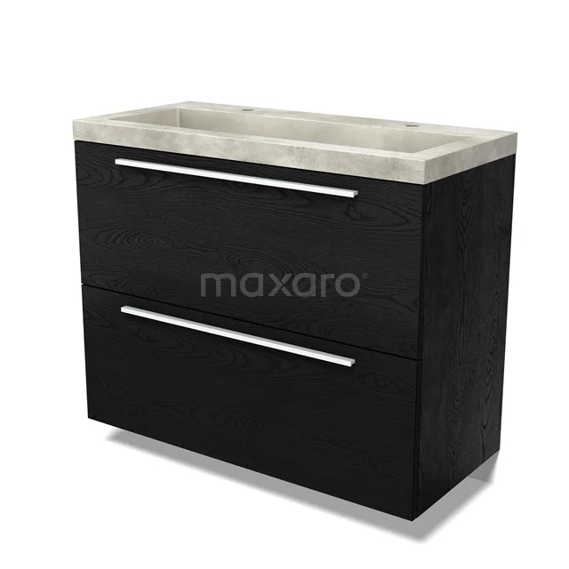 Modulo Vanity units with basin | 100 cm Black oak Flat front Concrete 2 stacked drawers under each other BMW13-01479