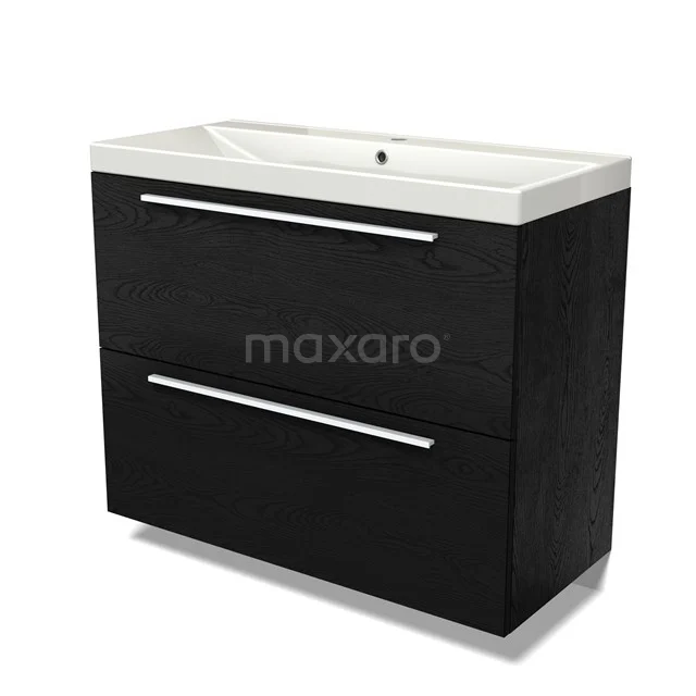Modulo Vanity units with basin | 100 cm Black oak Flat front Ceramic 2 stacked drawers under each other BMW13-01480