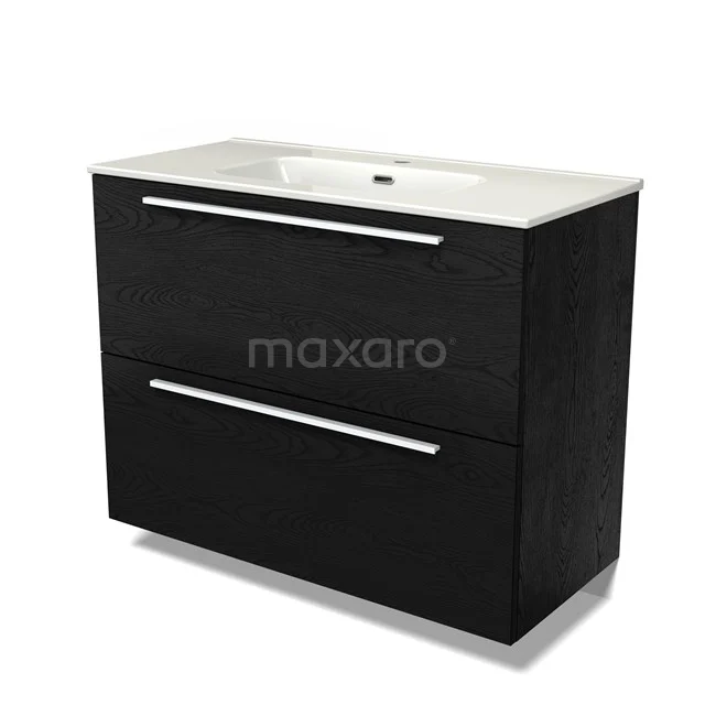 Modulo Vanity units with basin | 100 cm Black oak Flat front Ceramic 2 stacked drawers under each other BMW13-01484