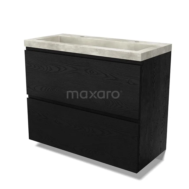 Modulo Vanity units with basin | 100 cm Black oak Handle-less front Concrete 2 stacked drawers under each other BMW13-01499