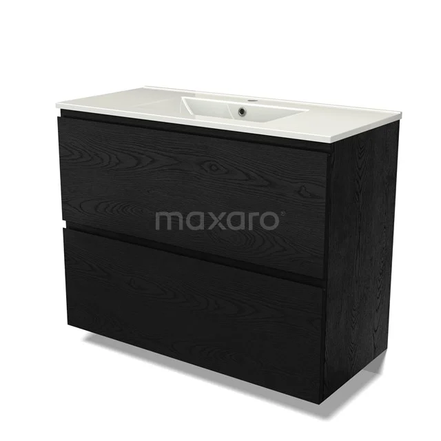 Modulo Vanity units with basin | 100 cm Black oak Handle-less front Ceramic 2 stacked drawers under each other BMW13-01501