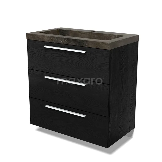 Modulo Vanity units with basin | 80 cm Black oak Flat front Natural stone 3 drawers BMW19-02608