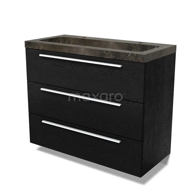 Modulo Vanity units with basin | 100 cm Black oak Flat front Natural stone 3 drawers BMW19-02644