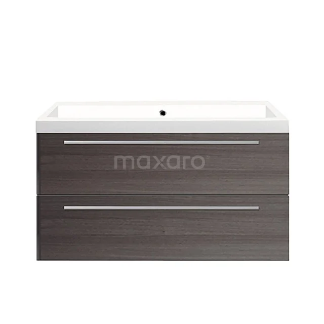 Wooden bathroom unit with dark brown finish, two drawers and a white vanity units with basin; modern and stylish design.