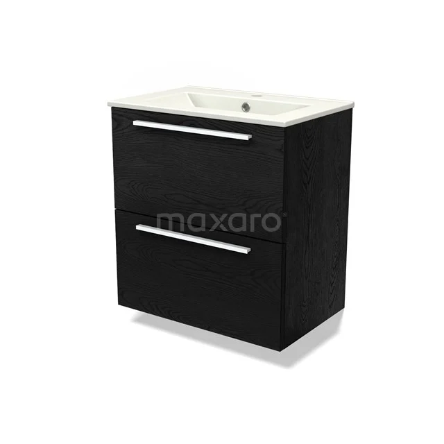 Modulo Slim Vanity units with basin | 60 cm Black oak Flat front Ceramic 2 Stacked drawers BMW37-00848