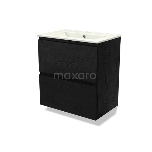 Modulo Slim Vanity units with basin | 60 cm Black oak Handle-less front Ceramic 2 Stacked drawers BMW37-00854
