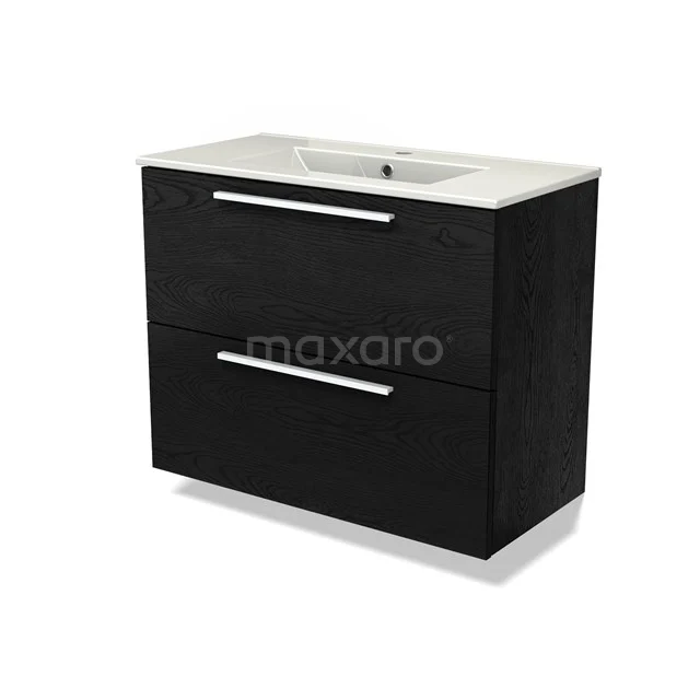 Modulo Slim Vanity units with basin | 80 cm Black oak Flat front Ceramic 2 Stacked drawers BMW37-00858