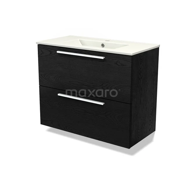 Modulo Slim Vanity units with basin | 80 cm Black oak Flat front Ceramic 2 Stacked drawers BMW37-00859