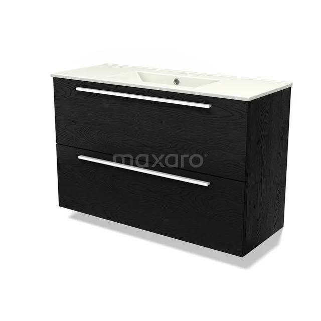 Modulo Slim Vanity units with basin | 100 cm Black oak Flat front Ceramic 2 Stacked drawers BMW37-00868