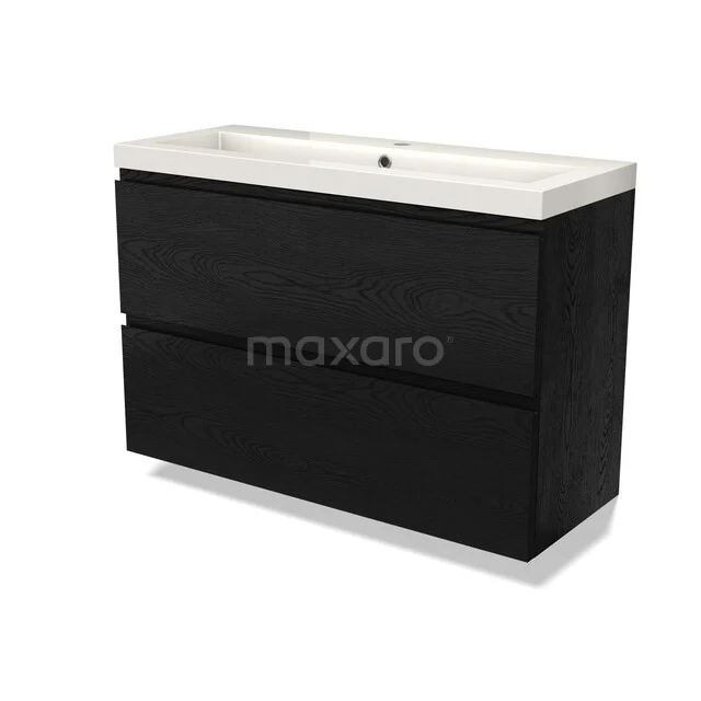 Modulo Slim Waschtische | 100 cm Schwarze Eiche Grifflos front Mineralguss 2 übereinanderliegende Schubladen BMW37-00869