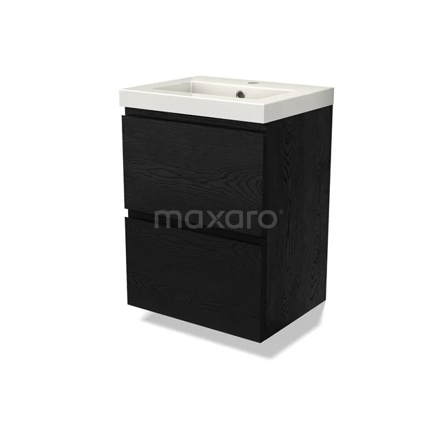 Modulo Slim Waschtische | 50 cm Schwarze Eiche Grifflos front Mineralguss 2 übereinanderliegende Schubladen BMW37-00841