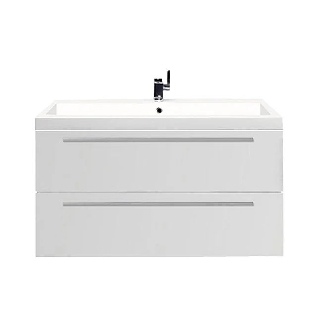 Canto Waschtische | 100 cm Hochglanz Weiß front Mineralguss 2 übereinanderliegende Schubladen F02-100010402 Weißes Badezimmermöbel mit zwei grifflosen Schubladen, keramischem Waschbecken und schwarzem Wasserhahn; schlankes und modernes Design.