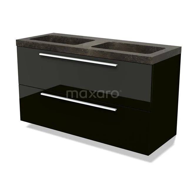 Modulo Vanity units with basin | 120 cm High-gloss black Flat front Natural stone 2 Stacked drawers BMW17-04911