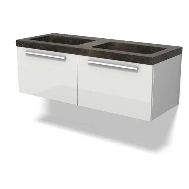 Modulo Vanity units with basin | 120 cm High-gloss white Flat front Natural stone 2 Side-by-side drawers BMW12-01117