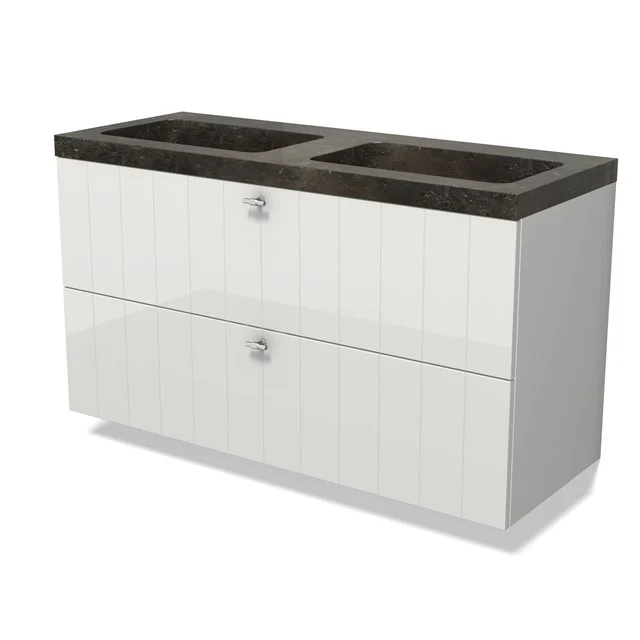 Modulo Waschtische | 120 cm Hochglanz Weiß Lamelle front Naturstein 2 übereinanderliegende Schubladen BMW17-04926