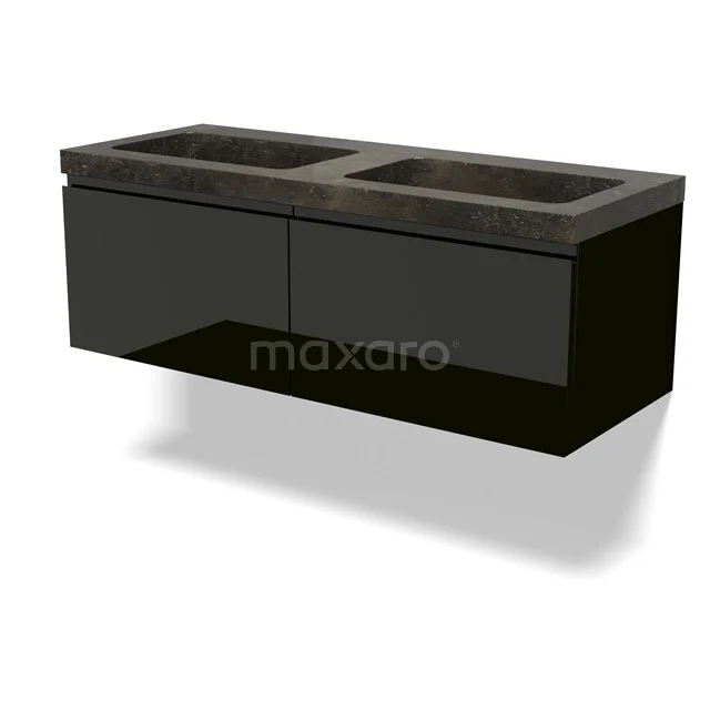 Modulo Vanity units with basin | 120 cm High-gloss black Handle-less front Natural stone 2 Side-by-side drawers BMW12-01133