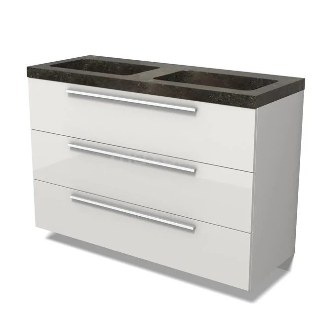 Modulo Vanity units with basin | 120 cm High-gloss white Flat front Natural stone 3 drawers BMW19-02828