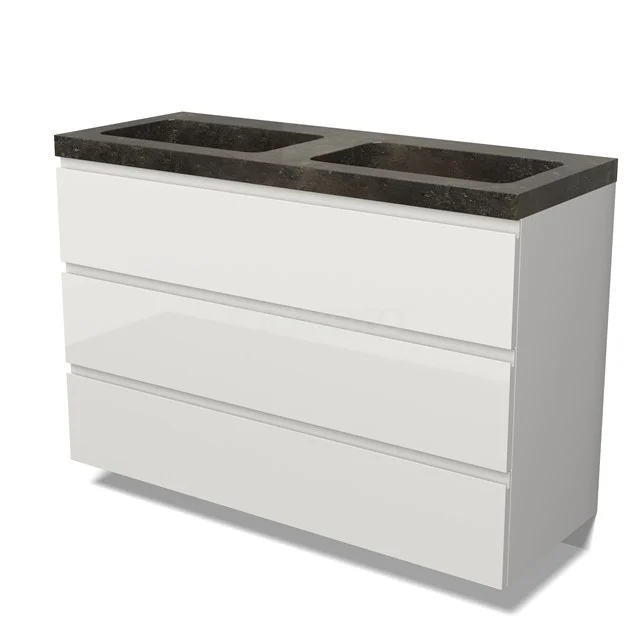 Modulo Vanity units with basin | 120 cm High-gloss white Handle-less front Natural stone 3 drawers BMW19-02830