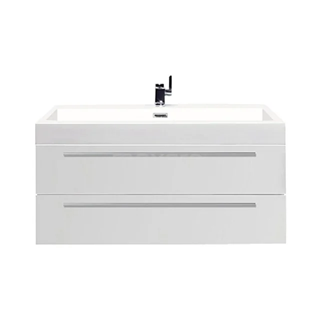 White bathroom unit with double drawers, sleek design, a ceramic sink and chrome tap, ideal for modern bathrooms.