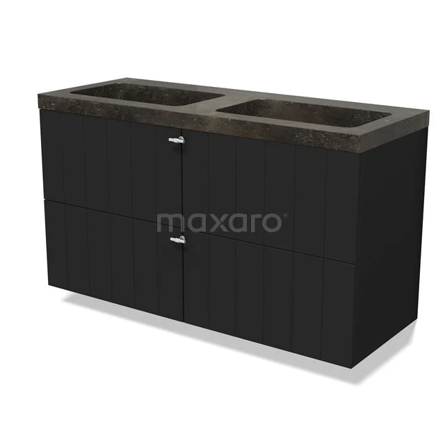 Modulo Badkamermeubel met wastafel | 120 cm Mat zwart Lamel front Natuursteen 4 lades BMW18-01157