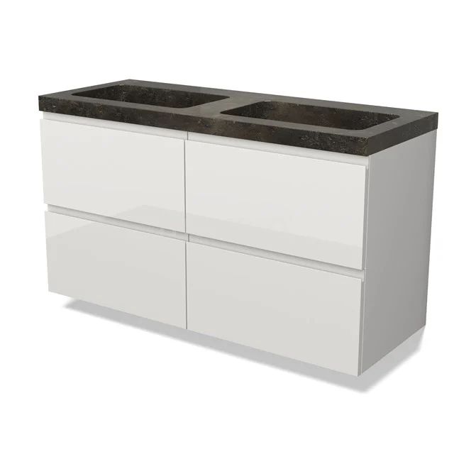Modulo Vanity units with basin | 120 cm High-gloss white Handle-less front Natural stone 4 drawers BMW18-01175