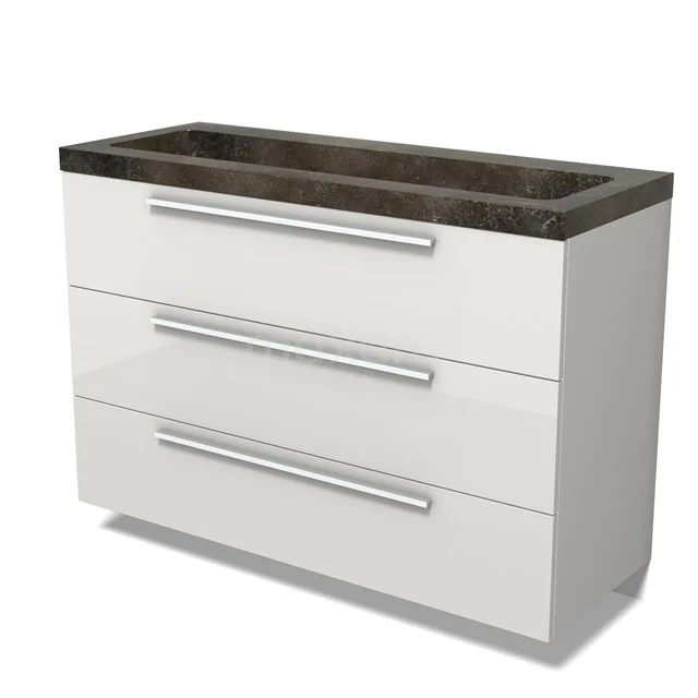 Modulo Waschtische | 120 cm Hochglanz Weiß Flach front Naturstein 3 Schubladen BMW19-02786