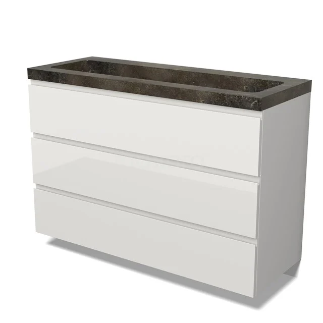 Modulo Vanity units with basin | 120 cm High-gloss white Handle-less front Natural stone 3 drawers BMW19-02788