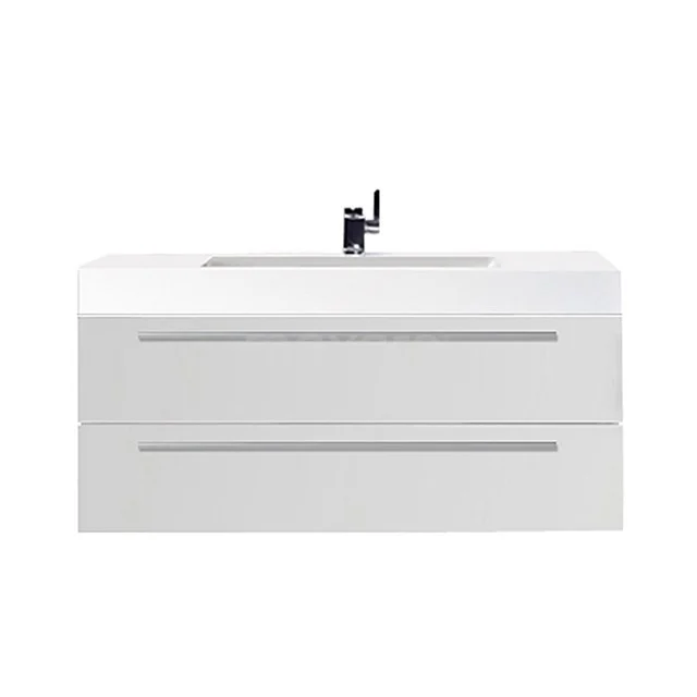 Weißes Badezimmermöbel mit zwei breiten Schubladen, integriertem Waschbecken und schlanker schwarzer Armatur, modernes Design für maximalen Stauraum.