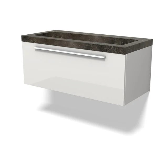 Modulo Vanity units with basin | 100 cm High-gloss white Flat front Natural stone 1 drawer BMW11-04651