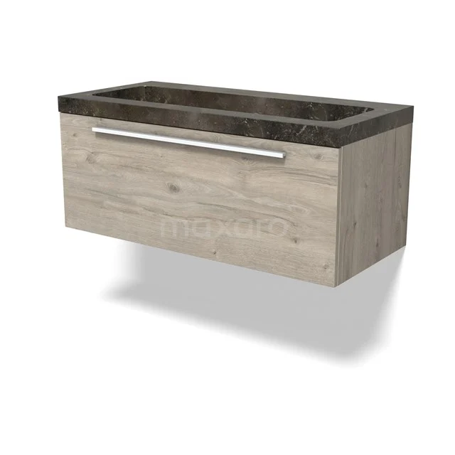 Modulo Vanity units with basin | 100 cm Light grey oak Flat front Natural stone 1 drawer BMW11-04670